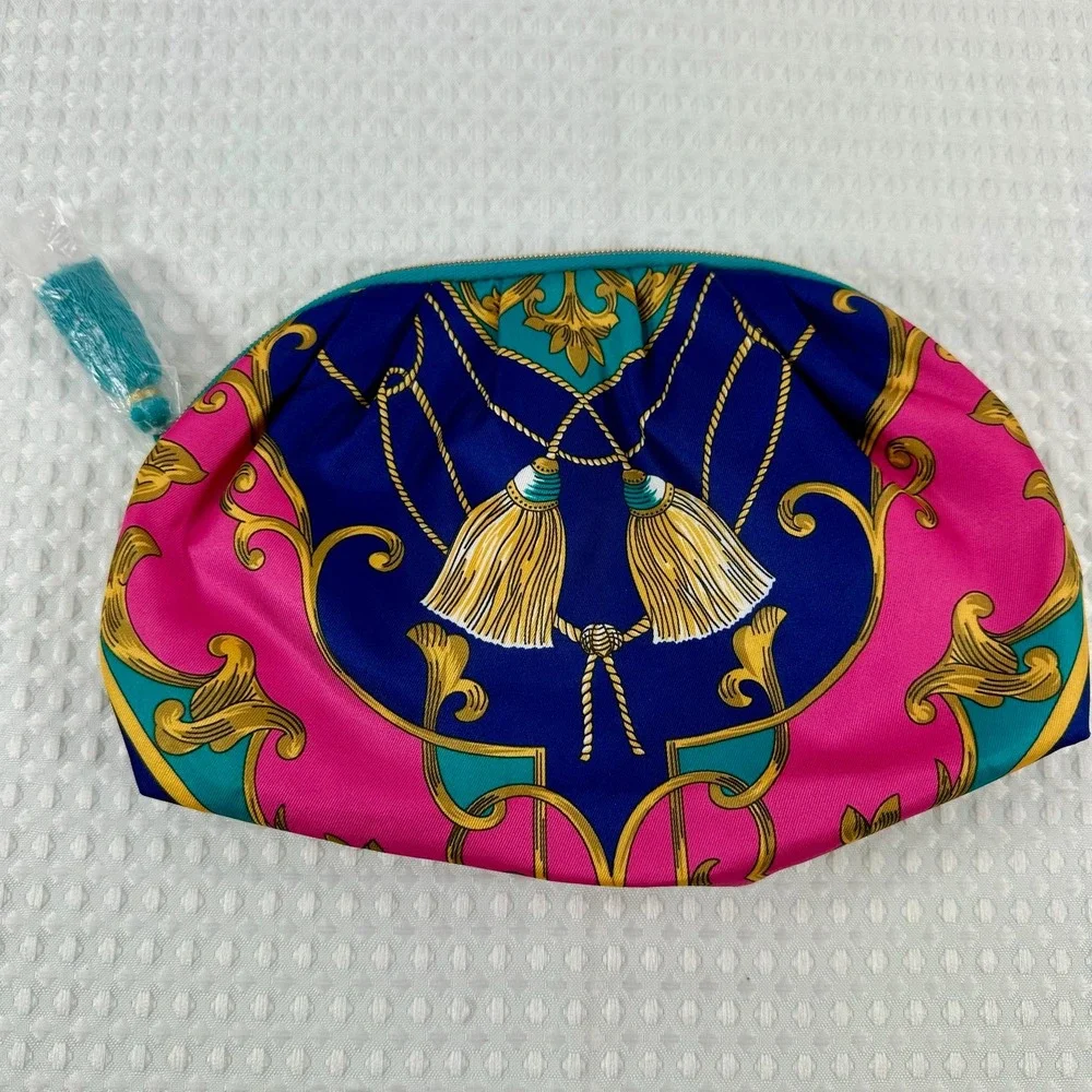 Estee Lauder Cosmetic Makeup Blue Pink Gold Tassel Zipper‎ Pouch Recycled Fabric